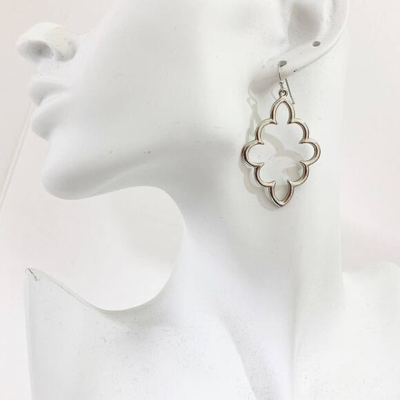 Silver Tone Dangle Pierced Earrings, Geometric scalloped hoop - Picture 2 of 5